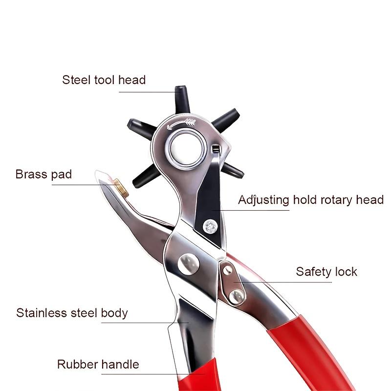 Heavy-Duty Manual Leather Hole Punch Tool - with 6 Hole Sizes , Non-Slip Grip - for Belts, Watchbands, Shoes, Leather Crafting - Professional & Home Use - No Electricity Needed - Red Punch Pliers, Shoe Repair, Compact Design, Sturdy Build, DIY Hobbyists