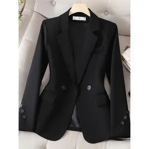 ElegantWomen'sSlimFitBlackSingle-BreastedBlazerAD139031-LongSleeveProfessionalOfficeWearwithChestPockets&SophisticatedTextureFabric