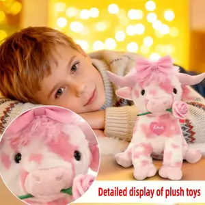 New Pink Cow Plush Cute Highland Cow Plush Doll with Pink Bow & Heart Love Valentine's Day Gift Soft Huggable