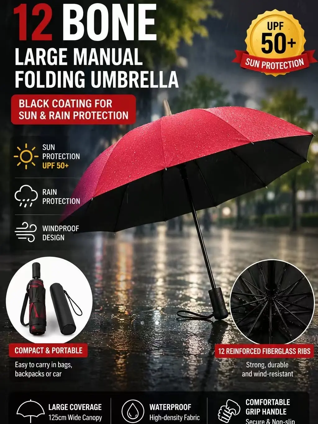 12-Bone Large Manual Folding Umbrella for 2-3 people | Windproof, Waterproof, UV Sun Protection Black Coating | Portable Travel Umbrella