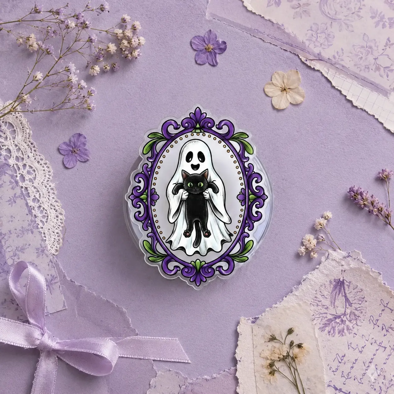 Aesthetic 2D Acrylic Spooky Ghost Phone Grip, Black Cat Pop Socket, Cute Gothic Phone Stand
