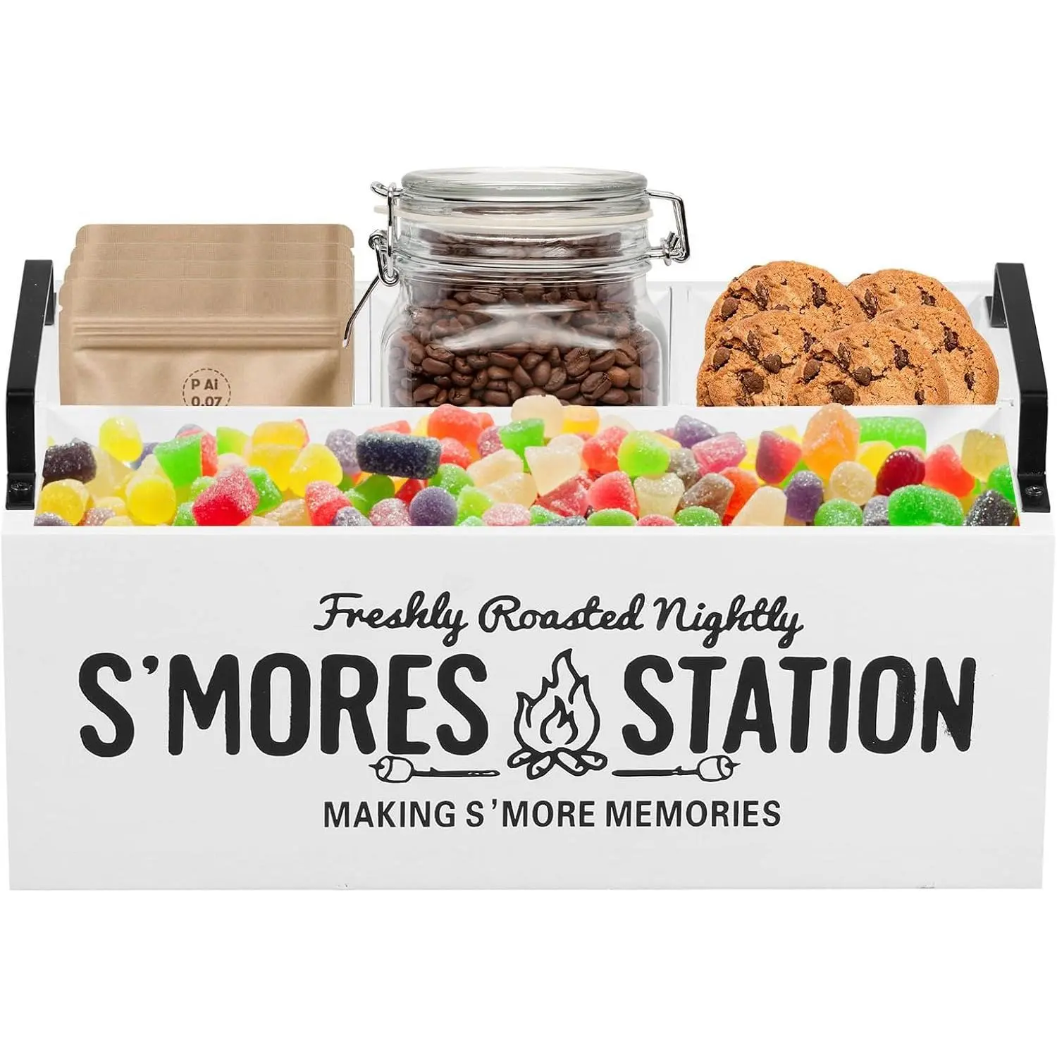 Smores Station, Smores Caddy Organizer with Handles, 4 Compartments Farmhouse Wooden S'mores Bar Holder, Smores Supplies Container Box for Home Kitchens Smores Kit (white)