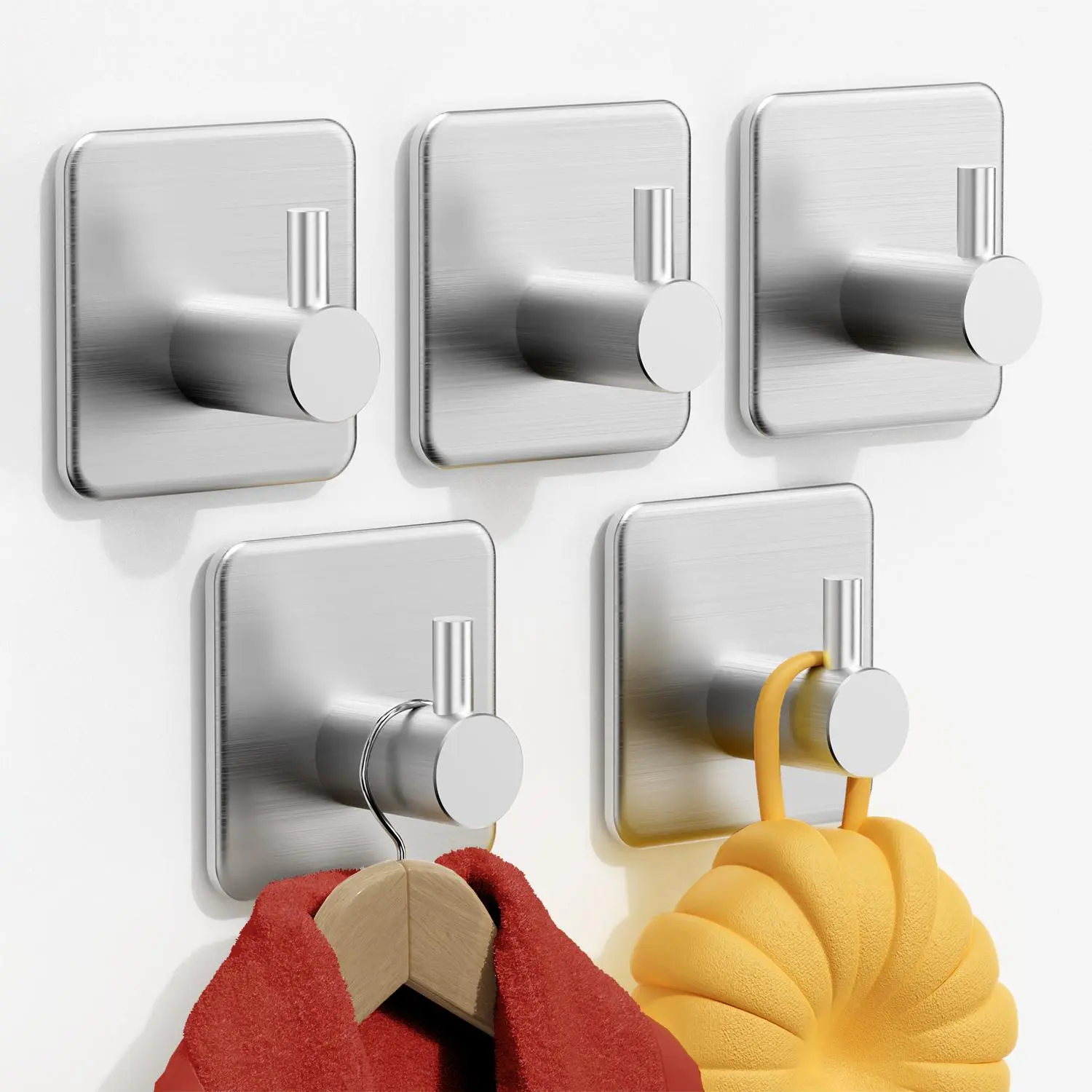 Auxmir Adhesive Hooks Heavy Duty 30lb(Max) Wall Hooks, 5 Pack Damage Free Stainless Steel Hanger for Hanging Coat, Hat, Towel Robe, Waterproof Oilproof Rustproof Hook for Bathroom Shower Kitchen Office