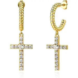 Cicy Bell 18k Gold Plated Cross Dangle Earrings with Cubic Zirconia for Women Elegant Faith Protection Good Luck Jewelry Gifts for Mom Friends