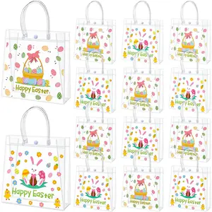 24 Pcs Happy Easter Gift Bags Reusable Clear PVC Bunny Treat Bags with Handles Egg Goodie Favor for Easter Birthday Supplies