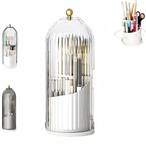 360 Rotating Makeup Brush Organizer with Clear Dustproof Lid Multi-Grid Cosmetic Storage Box Toothbrush Toothpaste Holder for Vanity Bathroom Office Desktop Beauty Organizer White Transparent Makeup Brush Set Mother's Day Gifts