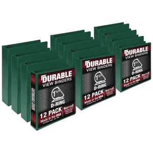 Durable 1.5 Inch 3 Ring Binder, Made in USA, D Ring Binder, FSC 100% Recycled Chipboard, Green, 12 Pack