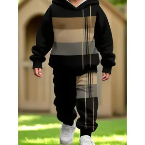 Boys 2-piece Set with Color-block Striped Hoodie and Sweatpants - Comfortable Casual Outfit Suitable and Autumn, Machine Washable, Perfect Outdoors