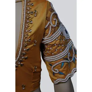 Regal Heavy Aari Work Bridal Blouse with Pearl Accents & Fancy Tassels