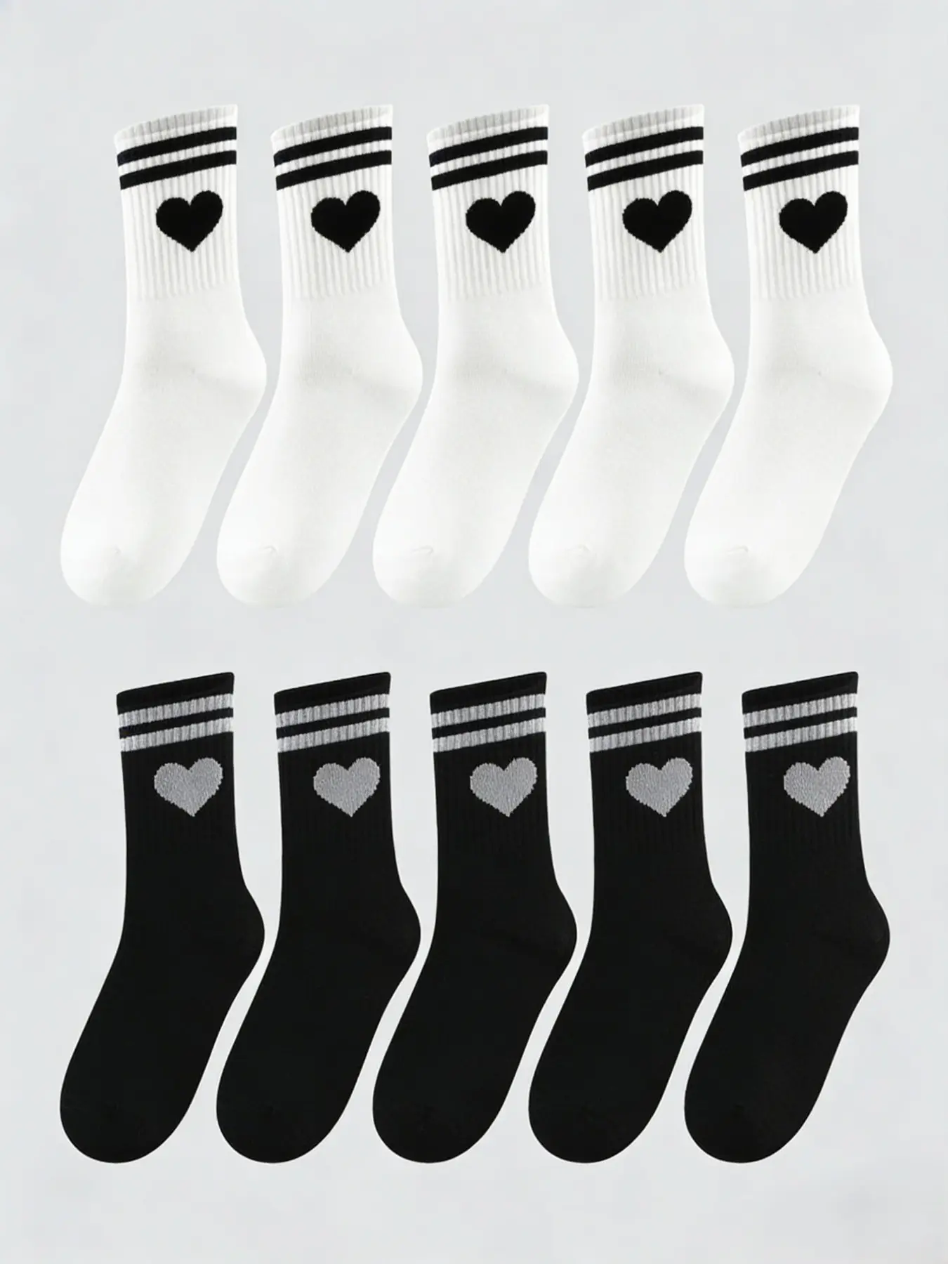 10 Pairs Valentine's Day Couple Heart Pattern Socks, Autumn Winter Women Casual Striped Heart Classic Socks, Mid-Calf Long Tube Socks, Casual Stylish Socks