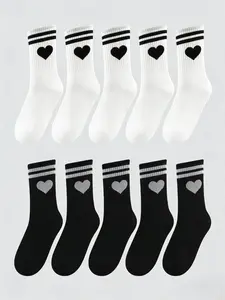 10 Pairs Valentine's Day Couple Heart Socks, Autumn Winter Women Striped Heart Classic Socks, Mid-Calf Long Tube Socks