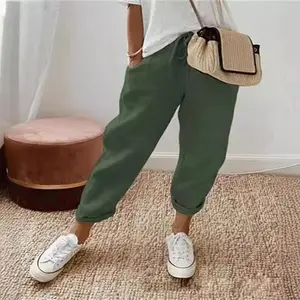 Women's Cotton Linen Long Pants with Pockets Elastic Waist Casual Pants Womenswear Bottom Comfort Basic Fitted Khaki Minimalist Clothes Fashion Elegant Evening Everyday Gowns Piece Style Gamis Trouser