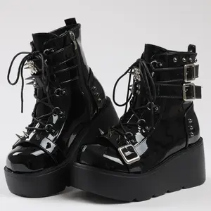 EROCALL Women's Platform Gothic Ankle Booties With Adjust Studded Metal Buckle Fashion Y2k Zip Lace Up Wedge Thick Sole Punk Motorcycle Combat Short Boots