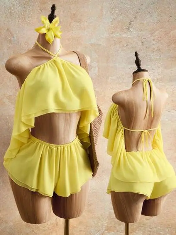 YESS Women's Yellow Chiffon Jumpsuit,Summer Boho Halter Neck Backless Ruffled Design, Sleeveless Flowing Layered Vacation Holiday Outfit For Beach