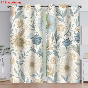 2D Flat, 2D Flat 2pcs Floral Pattern Curtains, Elegant Blue & Brown Flowers, Rod Pocket Sun Blocking, HD Digital Printing, Boho Chic Style, All-Season for Living Room Bedroom Study Window Decor, 2D Flat