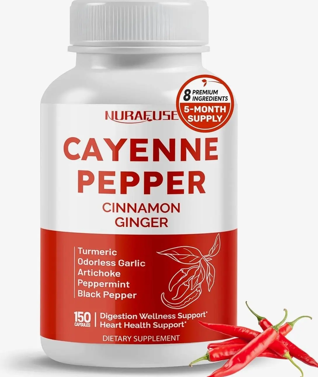 Cayenne Pepper 8-in-1 Formula - with Cinnamon, Ginger Turmeric, Odorless Garlic, Artichoke Non-GMO, Gluten-Free, Soy-Free