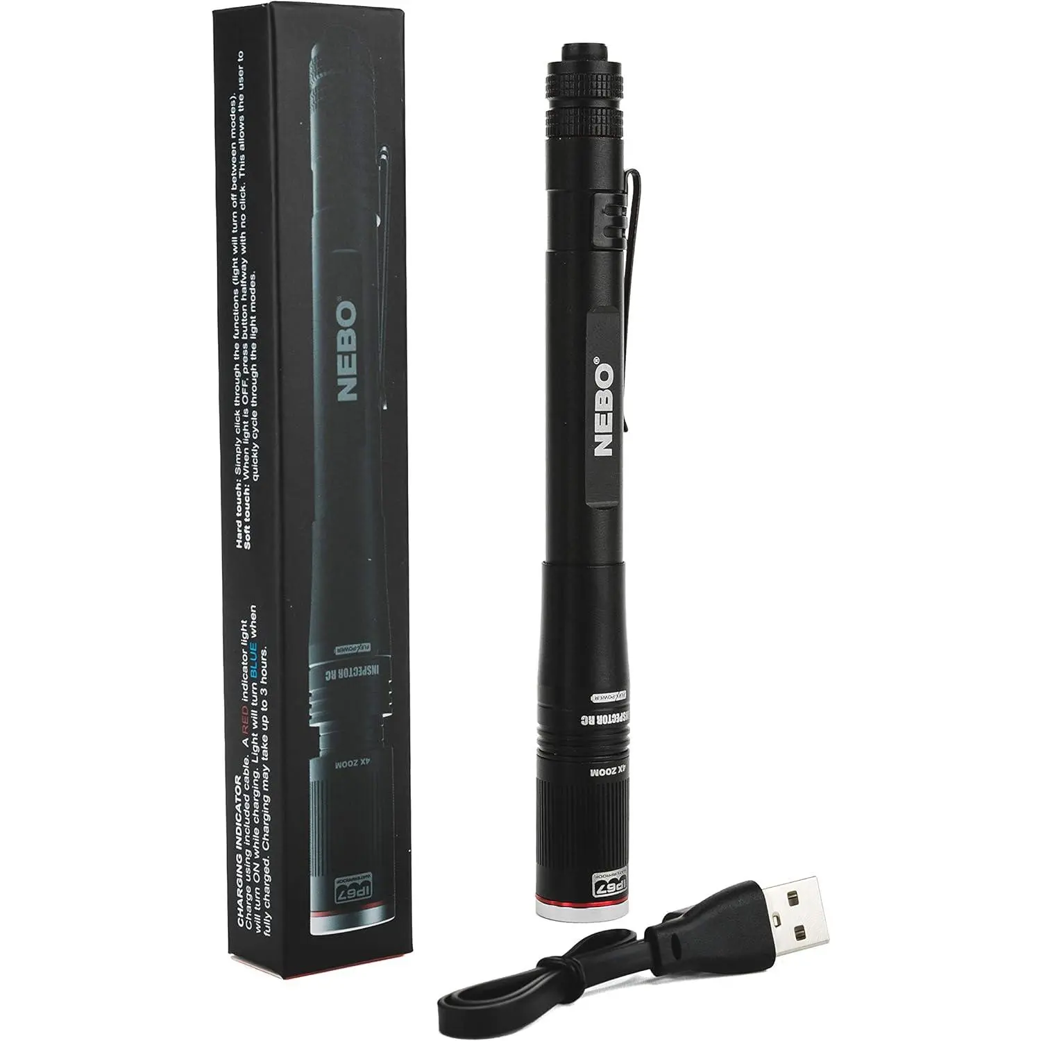 NEBO Rechargeable Pen Light Flashlight 360-Lumens Inspector Flashlights Features Flex Power, Meaning it can be Operated by The Included Rechargeable Battery or by 2X AAA Batteries