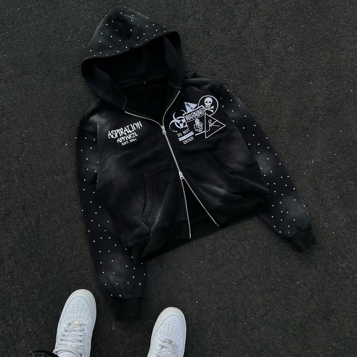 ASPIRATION 2 WAY ZIPPER RHINESTONE ZIP-UP HOODIE