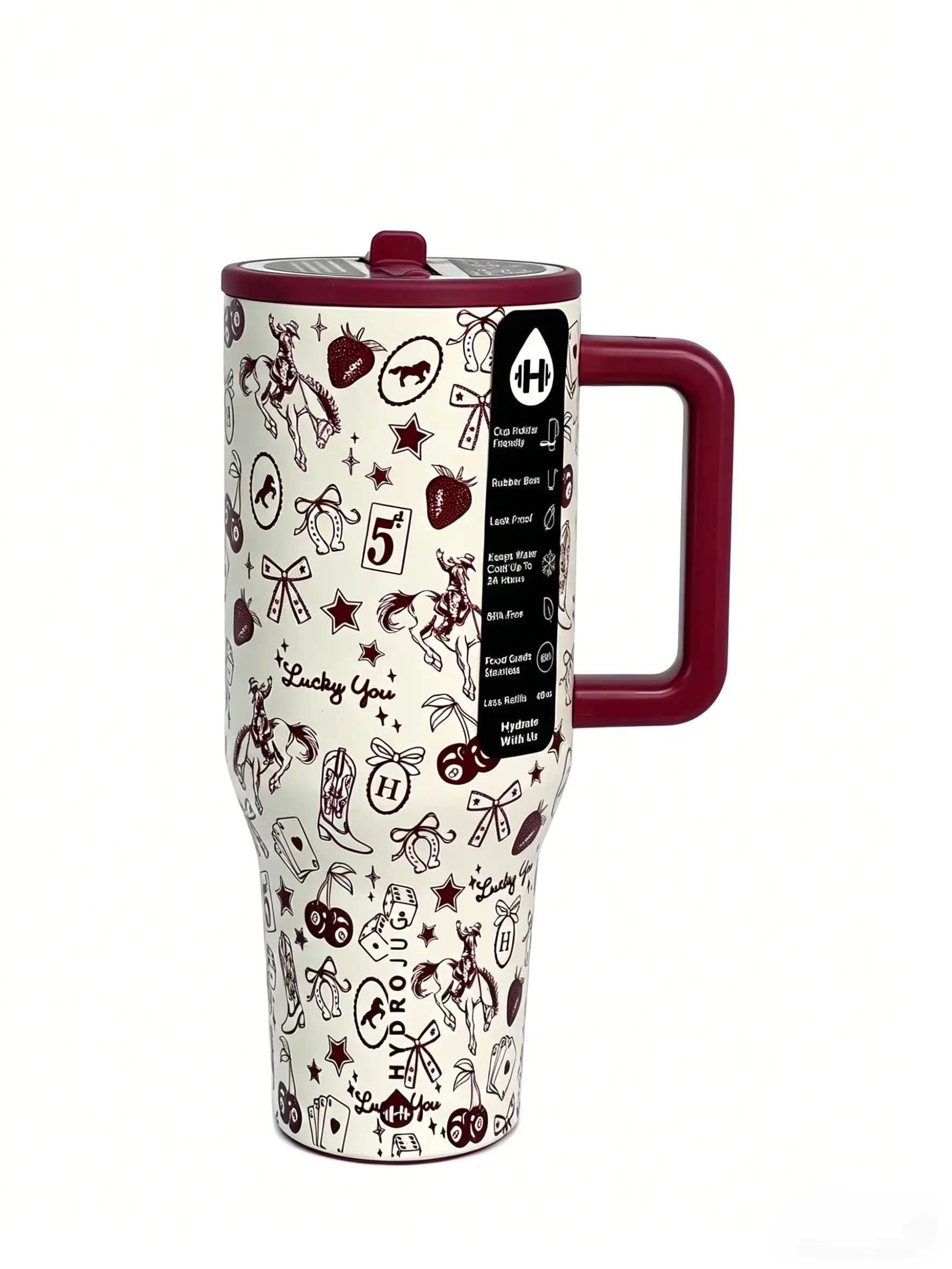 HydroJug 40oz Modern Lucky You Cowgirl Stainless Steel Insulated Water Bottle - Western Pattern, Handle, Leak-Proof Straw Lid, 24H Cold Retention, Car Cup Holder Friendly, Portable On-the-Go Drinkware for Adults, Gift Flask, Water Bottles, Stylish