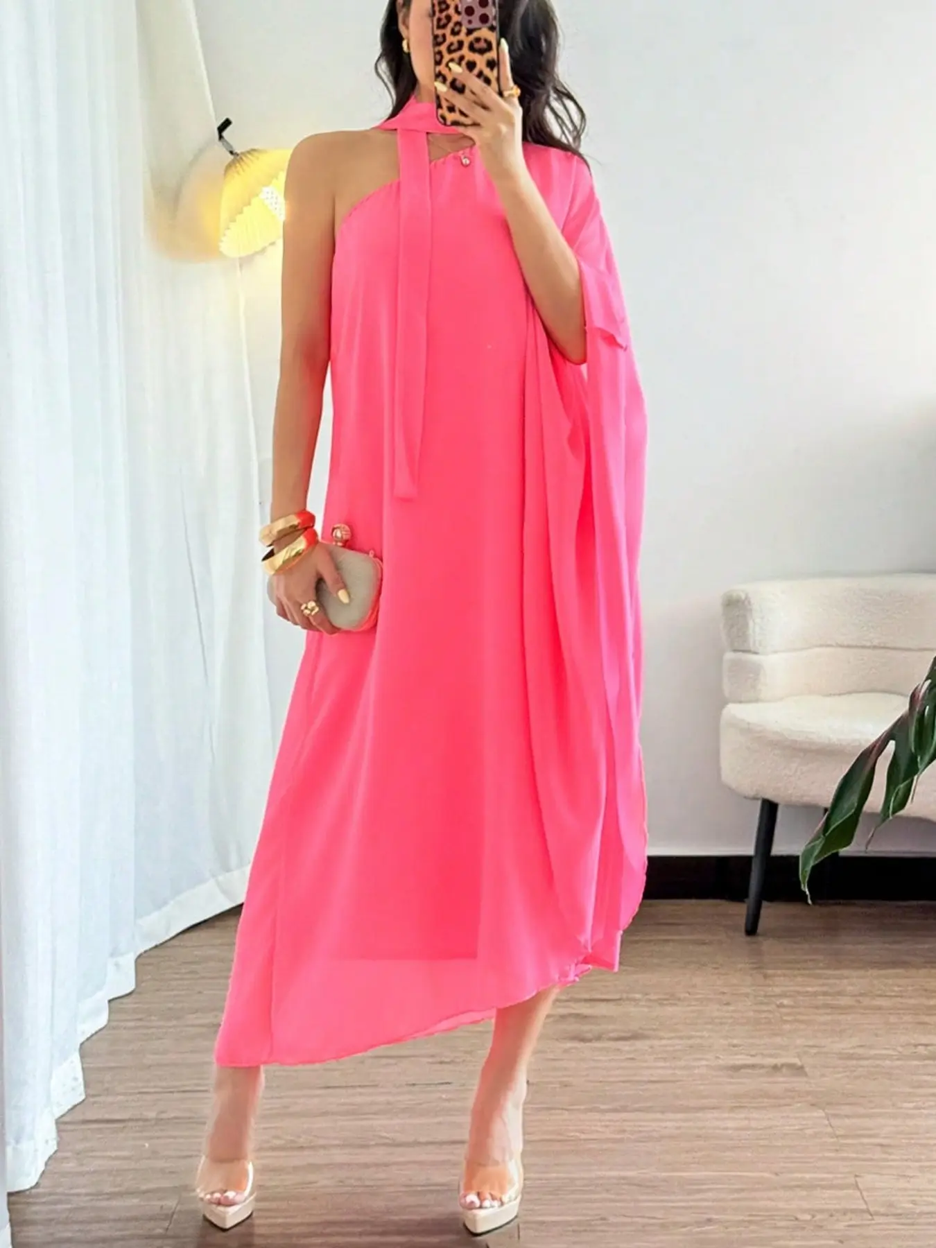 Women's Fashion Shawl Dress, One Shoulder Draped Design, Loose Drape Hem, Party Date Long Gown, Casual Style