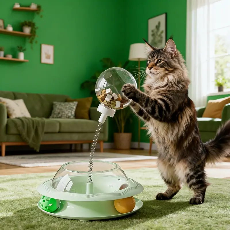 Cat Treat Dispenser Toy - Swivel Turntable Interactive Puzzle Feeder, Swing Spring Ball, Battery-Free Automatic Rolling Ball with Digging Wheel for Indoor/Outdoor Cat Exercise & Mental Stimulation