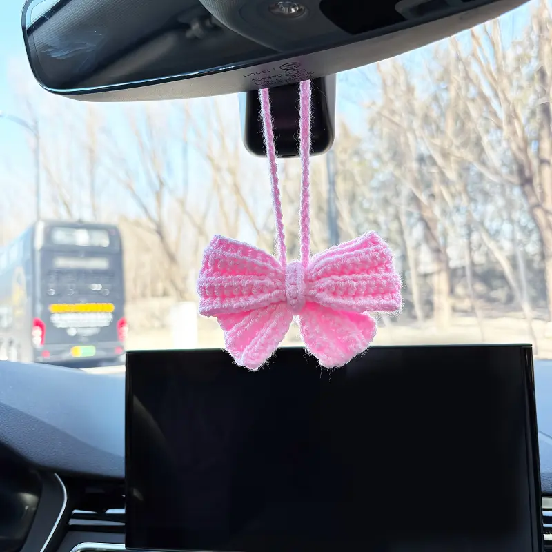 Crocheted Corvette Cup Holder Charm, Cute Pink Bow Hand-Knitted Fabric Car Interior Accessory, Rear View Mirror Hanging Ornament for Women