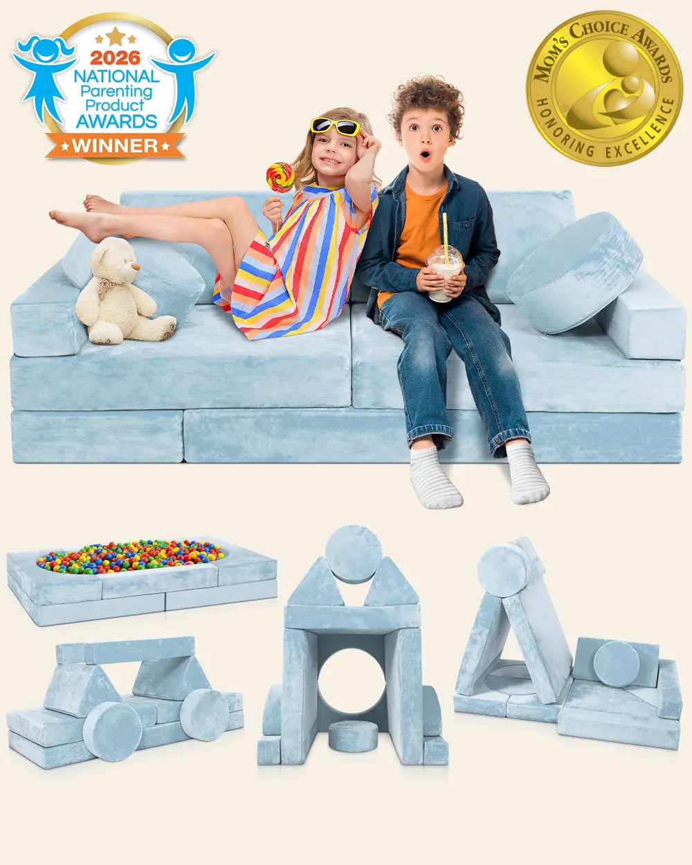 LX15 14pcs Modular Play Couch, Serenity Blue LX15 14pcs Modular Play Couch, Serenity Blue
