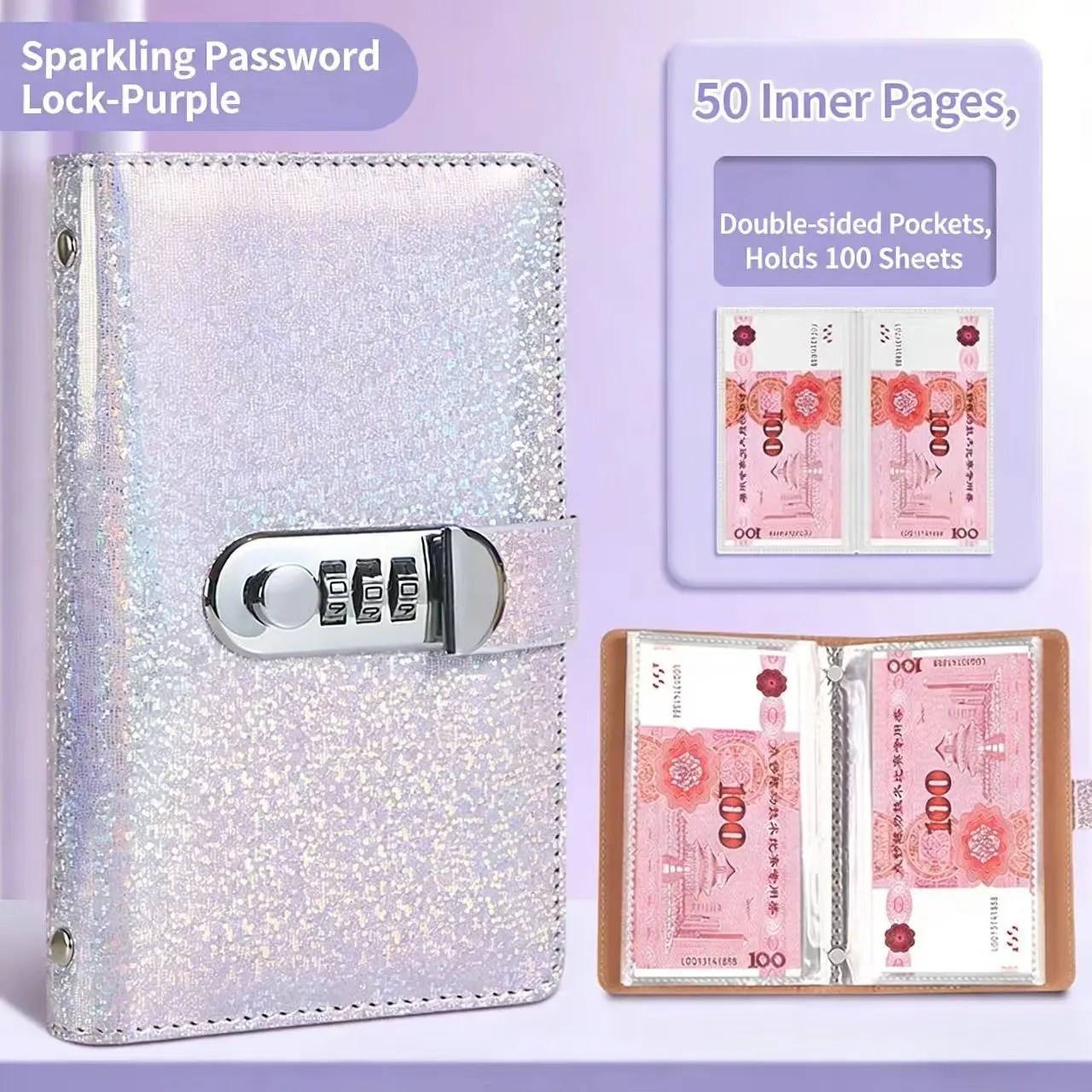 A6 Sparkling Cash Savings Book with Password Lock, Large Capacity Money Folder, Financial Planning Savings Book, Savings Tracker Organizer, Ideal for Saving Money, Savings Challenge Planner