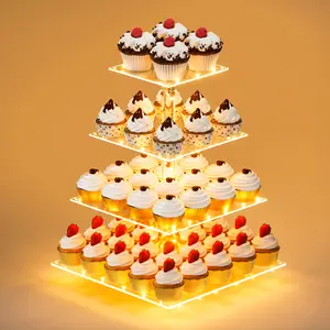 Acrylic 4 Tier Cupcake Stand with LED yellow Light, Premium Holder, Dessert Tree Design for Decor, Ornaments, Weddings, Parties & Events