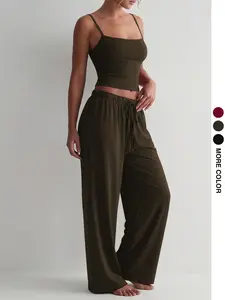 Women's Sleeveless Cami Top & Long Pants Set, Pajama Set, Loungewear, Plain Color Fitted Crop Top, Drawstring Loose Fit Pants, Casual Summer