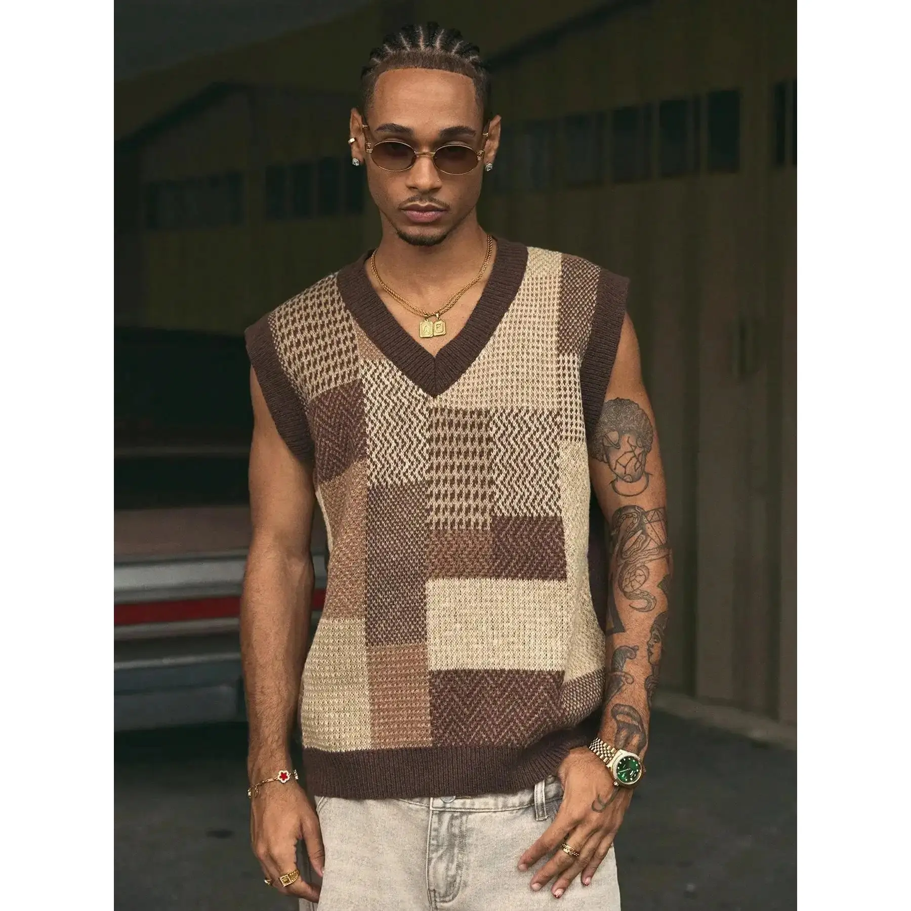 Men Women Unisex Vintage Knit Top Colorblock Ethnic Geometric V Neck Pullover Casual Fitted Sweater All Seasons Knitwear 2026 Breathable Soft Lightweight Trendy Home Outdoor Streetwear