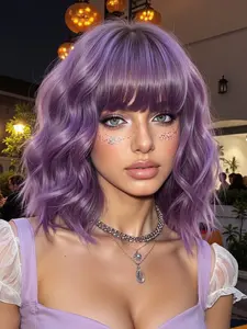 Women's Halloween Bob Wig with Bangs, Curly Wigs, Synthetic Fiber Full Headset, High-Temperature Resistant Hairpiece for Daily Wear