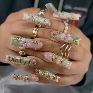 Green Butterfly Press On Nails | 3D Floral Gold Accents Long Square Set