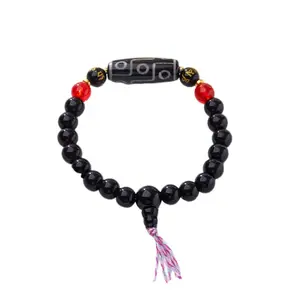 Nine-Eyed Dzi Agate Bead Bracelet Unisex Vintage Tibetan Black Agate Buddhist Prayer Beads Dzi Evil Spirits Protection Adjustable Size 8mm Beads for 14-16cm Wrist