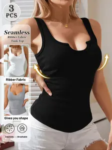 🔥3-Pack Women's Ribbed Camisoles with Bra Pads Inside, 3 Colors (Black/White/Grey), All-Day Comfort, Ideal for Daily & Sports Styling, 2-in-1 Layering/Outer Wear, A Must-Have Essential for Women!