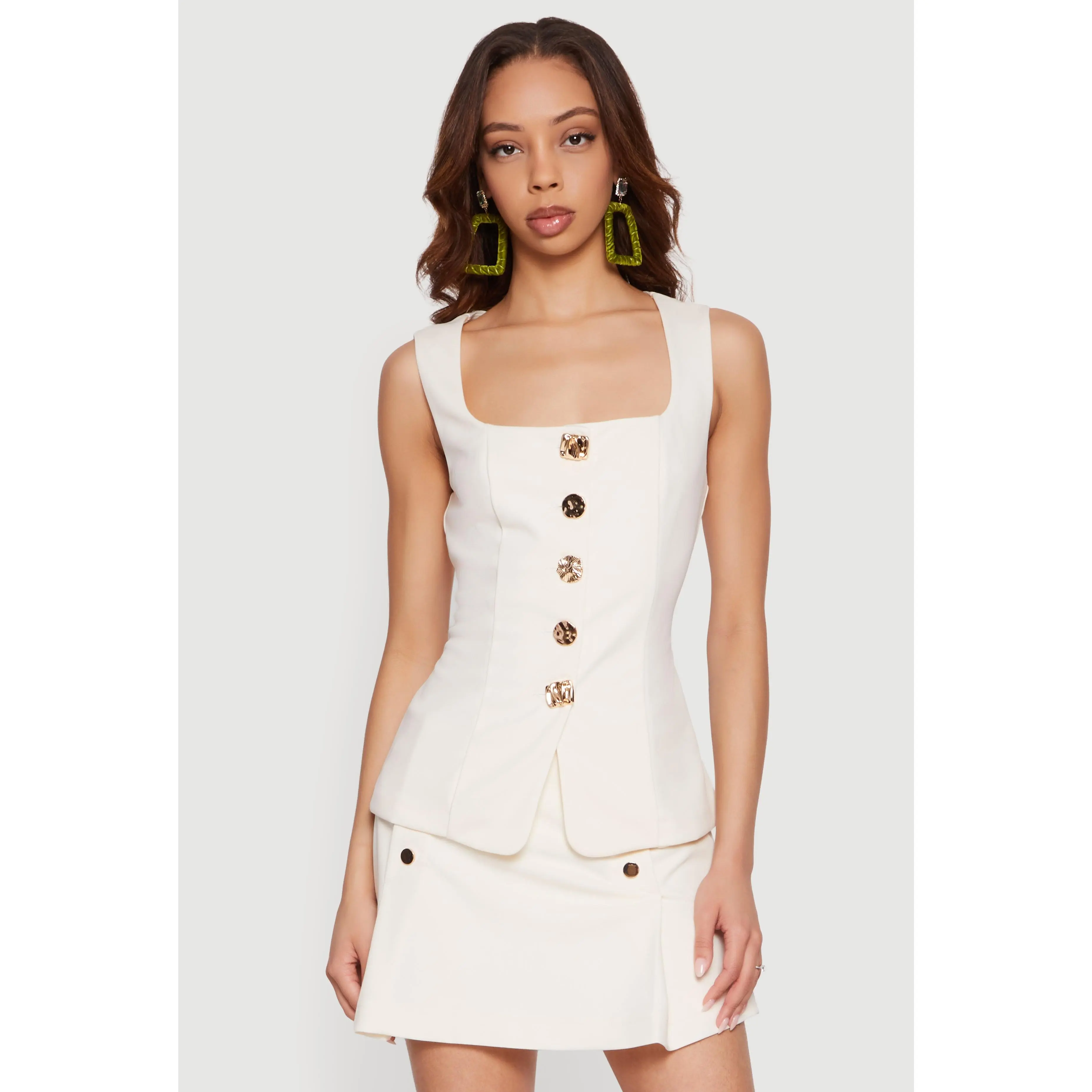 Metallic Button Front Square Neck Waistcoat