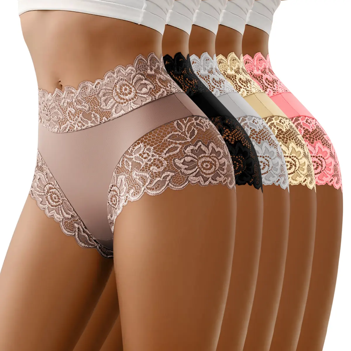 QUASTI Women's 5PCS High Waist Briefs Panties, Lace Soft Breathable Skin-Friendly Solid Color Briefs, Elasticity Seamless comfortable Lady Underwear, Summer Cool Day Wear, S-XXL