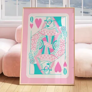 queen of hearts cute girly wall art above bed teen girls room decor retro pink poster, retro teal wall art preppy dorm room decor aesthetic
