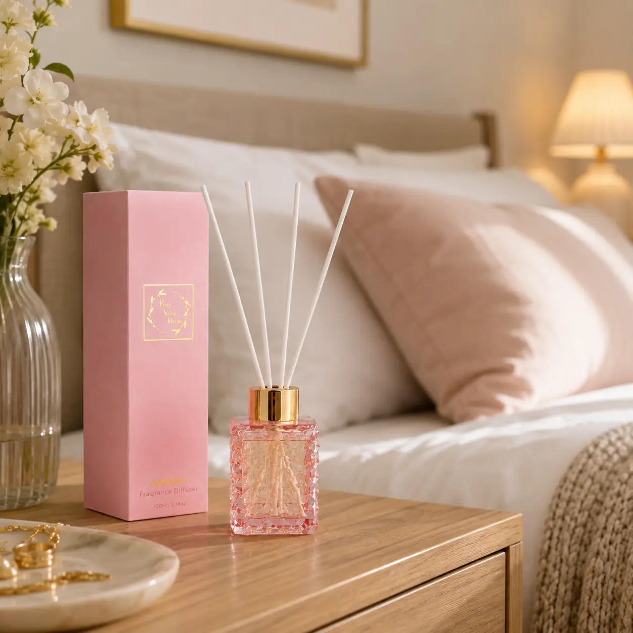 Pretty Valley 100ml Blush Pink Geometric Faceted Glass Flameless Aroma Diffuser - Gardenia Scented Freshener, Single Unit with Dried Flower Decor, Luxurious Frosted Gift Box