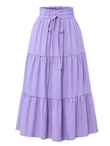 Women's Layered Long Skirt, Ruched Elastic Waist, Flowy Floral Print, Elegant Style, All over Print, Natural Waist, Loose-Fitting