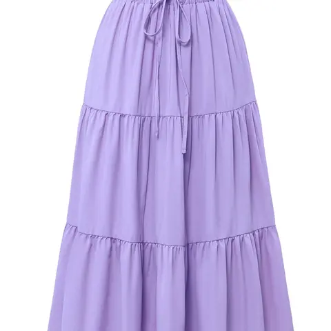 Tiered Midi Skirt Women's Elastic Waist, Floral Print & Solid Color, Elegant Loose-Fit, Flowy, Casual All Seasons, Unlined