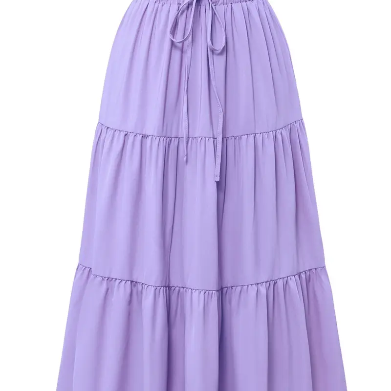 Tiered Midi Skirt Women's Elastic Waist, Floral Print & Solid Color, Elegant Loose-Fit, Flowy, Casual All Seasons, Unlined