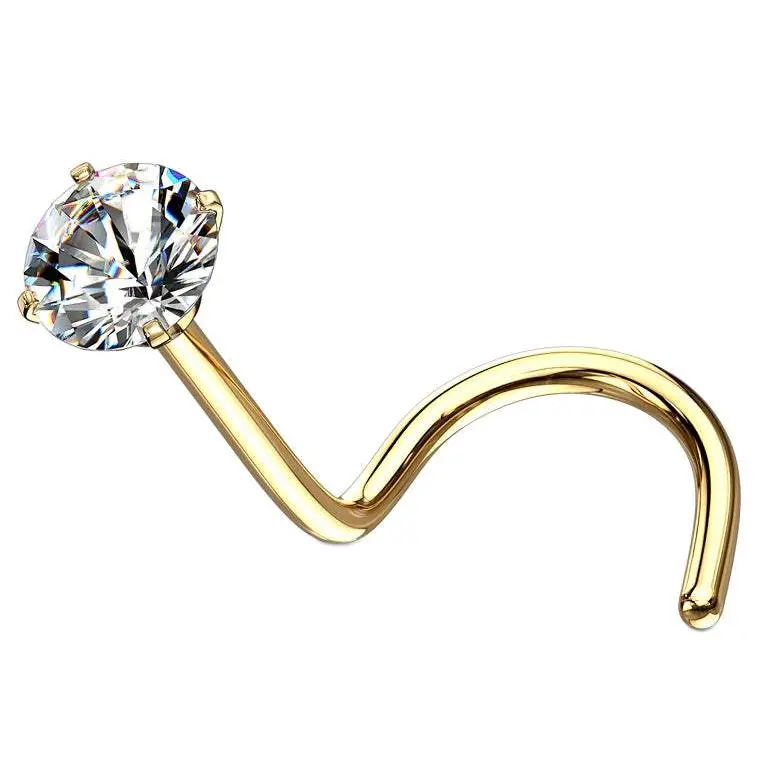 Gold Prong-Set CZ Stainless Steel Nose Screw, Nose Piercing Accessory