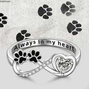 Dainty Rhinestone Paw Print Heart Ring, Pet Lover Memorial Jewelry for Women, Cute Dog Cat Mom Ring Gift for Animal Lovers