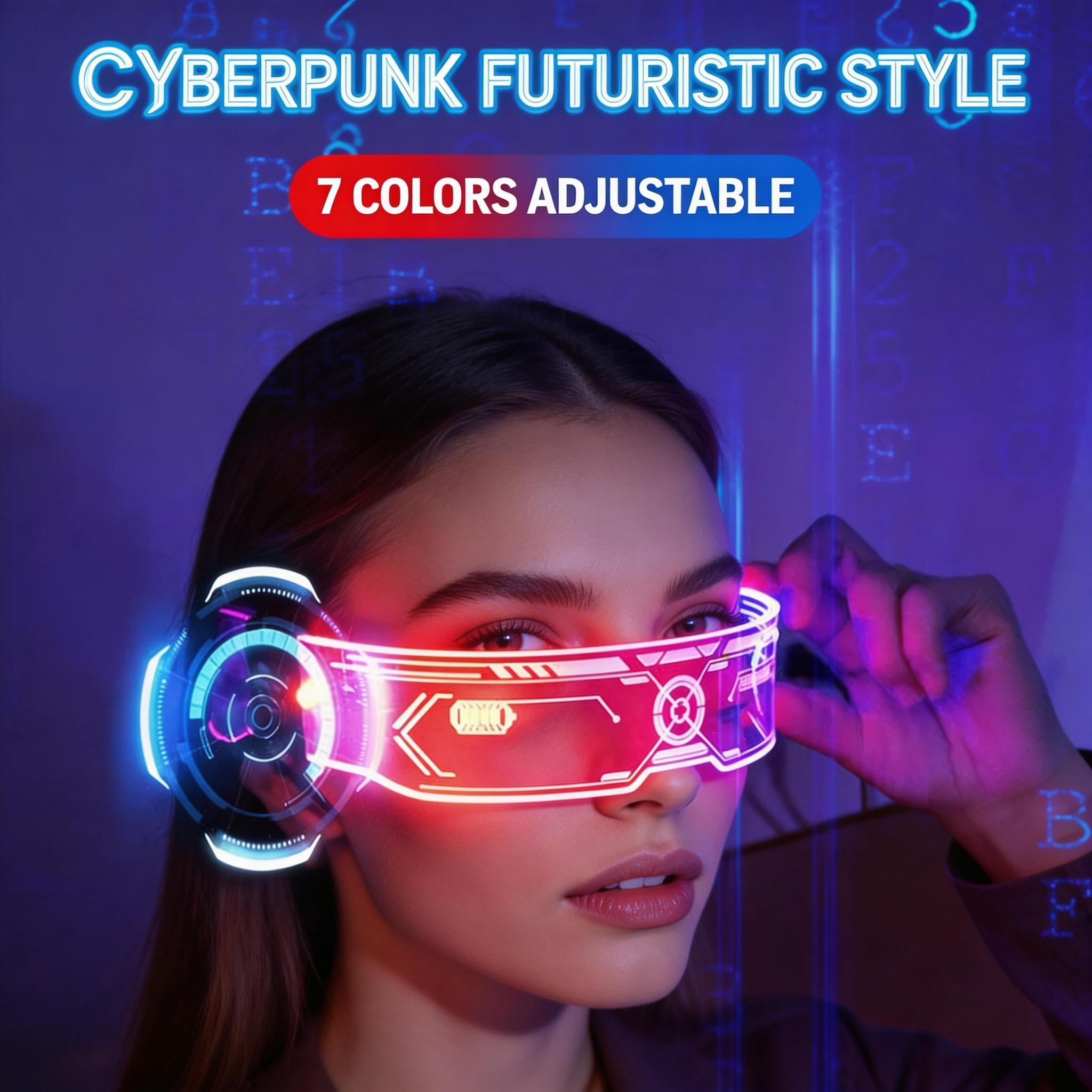 7-Color Bilateral Controllable LED Light Up Glasses, Cool Luminous Visor, Futuristic Fashion Glowing Eyewear for Raves, Halloween, Music Festivals & Sci-Fi Cosplay
