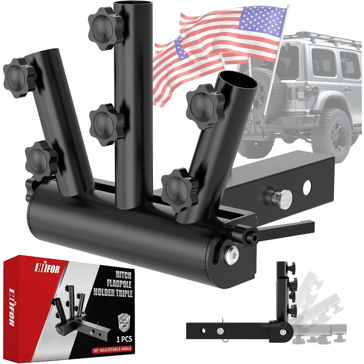 90 °     Hitch Flag Pole Holder for Truck – Triple Receiver Flag Pole Kit with Flag Included, Rust-Resistant for RV, Trailer,, Jeep