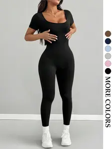 Women High Stretch U-Back Short Sleeve Workout Jumpsuit, Stretchy Jumpsuit, Sports Jumpsuit, Waist Cinching Butt Lifting Tight Fit Shaping, Basic Versatile Fitness Daily Wear