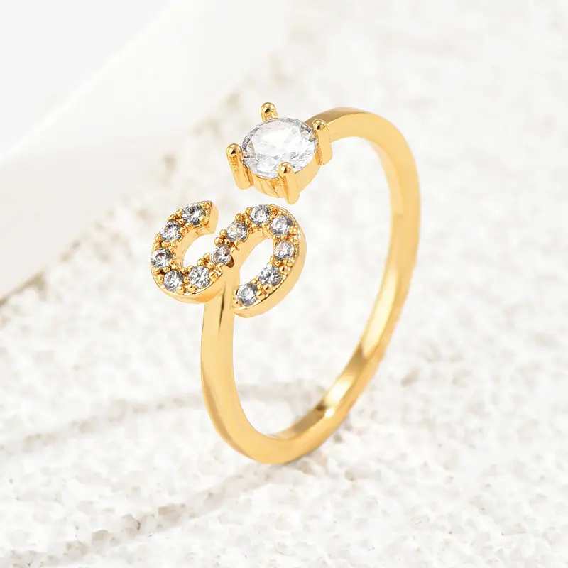 GGIRL Charm Jewellery Adjutable 14K Gold Plated 26 Character Inlaid Artificial Zircon Initial Letter Rings for Women Dainty Versatile Party Ring Ideal Daily/Valentine's Day Gift, Finger Rings, Zircon Embellished Rings, Sparkling Rings