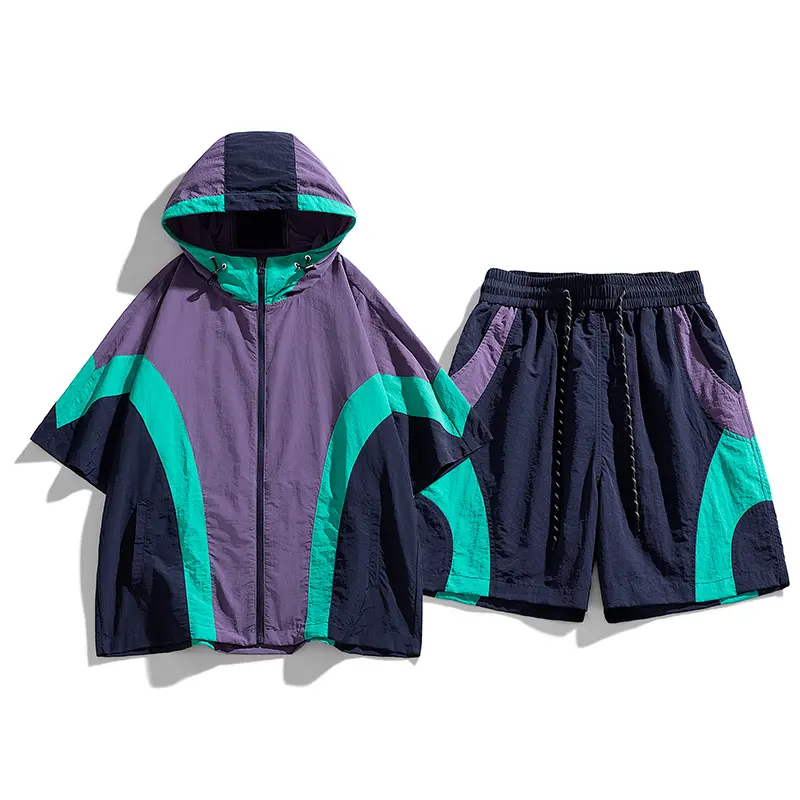 Men's 2-Piece Athletic Nylon Tracksuit - Hooded Zip Jacket & Drawstring Shorts, Lightweight Wrinkle-Resistant Quick-Dry Fabric, Adjustable Hood, Hem Drawstring, Side Pockets, For Summer Sports Training Daily Use#SummerWins,Male 2 Piece Sets, Men's 2 Piece