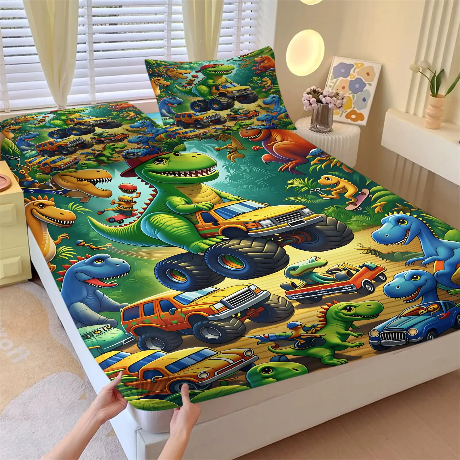 Dinosaur Monster Truck Theme Print Fitted Sheet Set Twin Size, 1 Fitted Sheet + 2 Pillowcases, Soft, Breathable, Deep Pocket Bedding, Bed Linens, Boys Bedroom Makeover for Toddlers Kids Nursery, Perfect Gift for Dinosaur Truck Lovers
